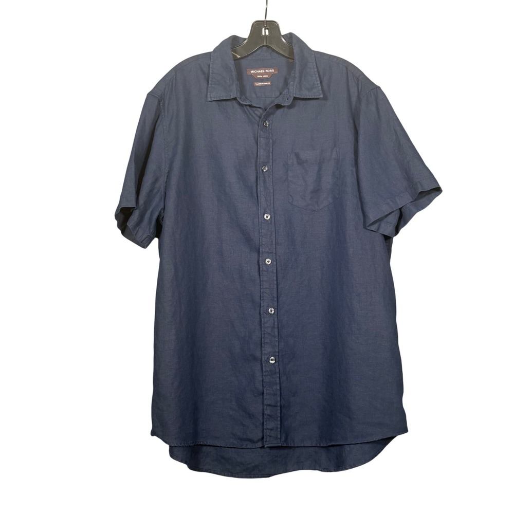 Michael Kors Linen Mens Navy Blue Short Sleeve Button Down Shirt Large